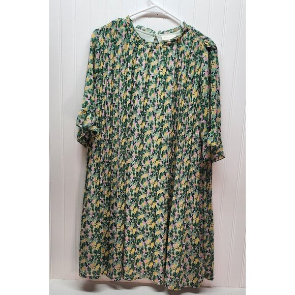 Melloday Floral Ruffle-Sleeve Pleated Dress - Green & Multicolor Print - Picture 1 of 15